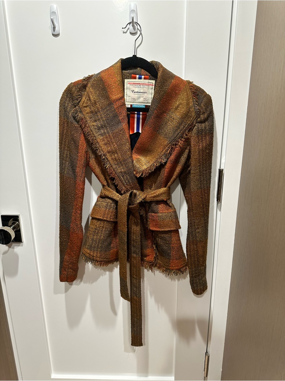 Anthropologie Plaid Fringe-Trim Belted Blazer in Brown and Orange